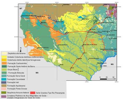 Lito-estratigrafia do Sudoeste Goiano. Fonte CPRM (Serviço Geológico do Brasil